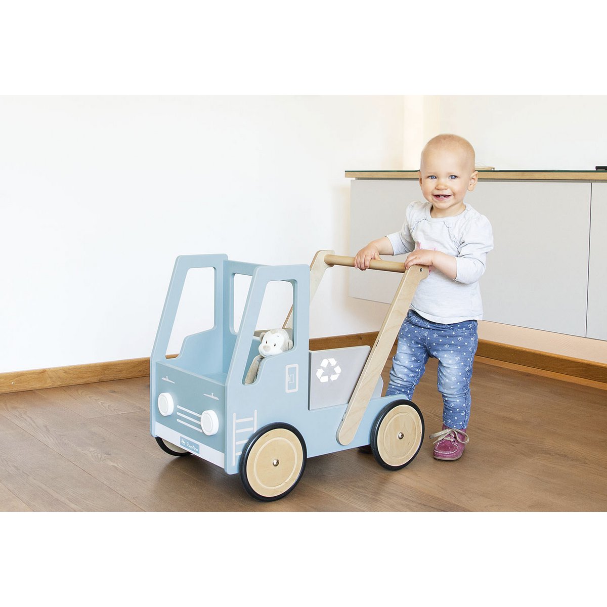 Houten Loopwagen met Kiepbak - Blauw