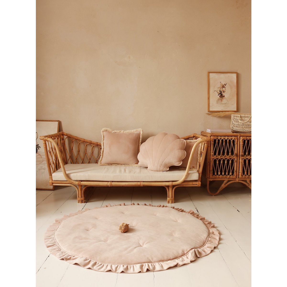 Fluwelen Rond Vloerkleed met Franjes - Latte