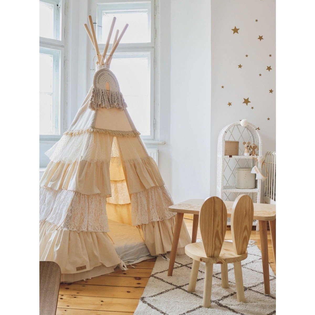 Tipi Speeltent inclusief Bladmat - Shabby Chic White met Ruches
