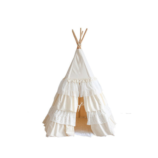 Tipi Speeltent inclusief Bladmat - Shabby Chic White met Ruches
