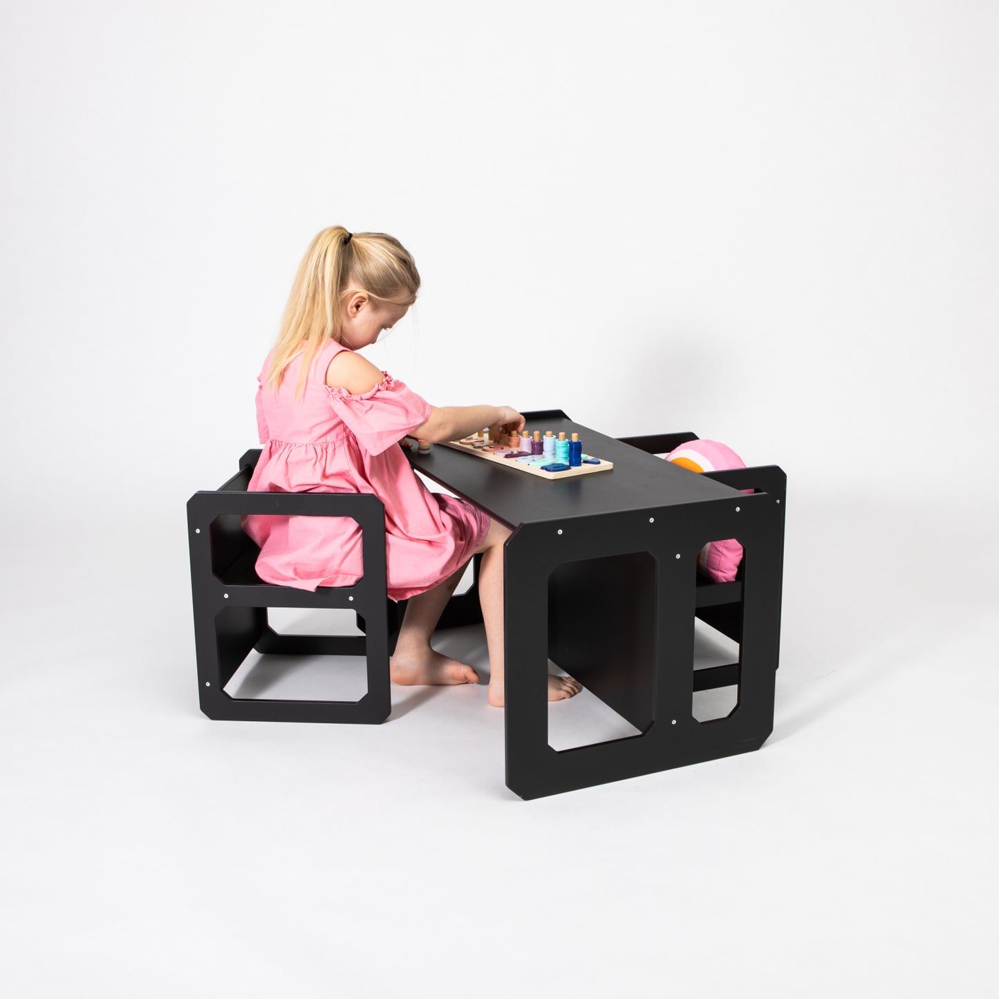 Montessori Kindertafel en Bank Set met 2 Stoelen - Zwart