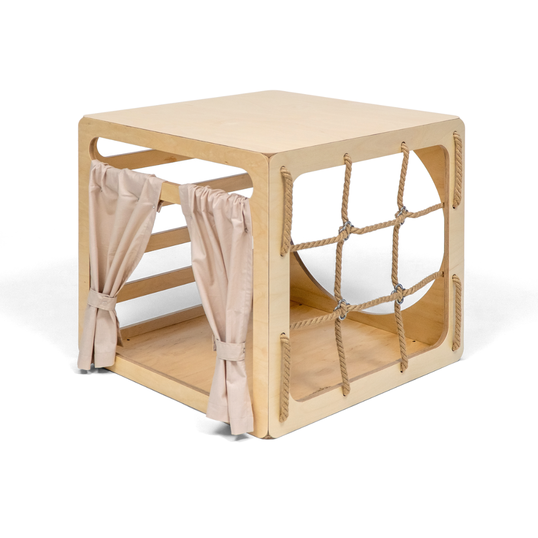 Multifunctionele Montessori Klimkubus met Glijbaan en Touwraam3