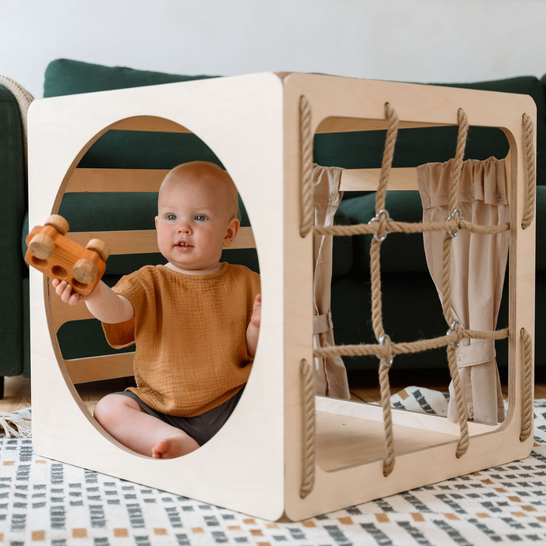 Multifunctionele Montessori Klimkubus met Glijbaan en Touwraam4