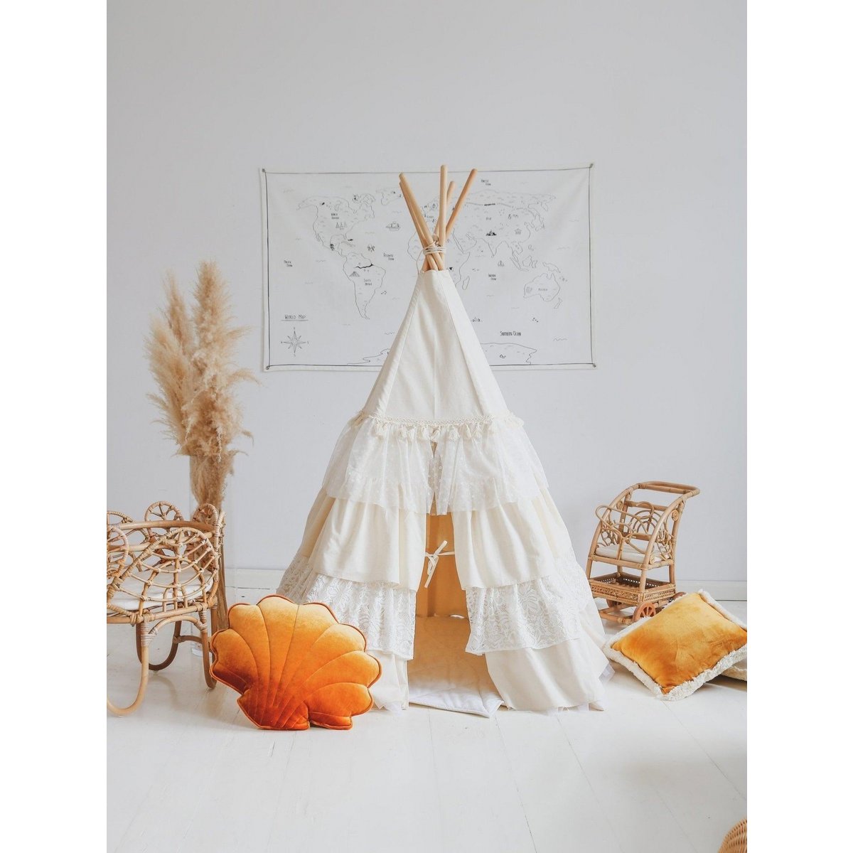Tipi Speeltent inclusief Bladmat - Shabby Chic White met Ruches