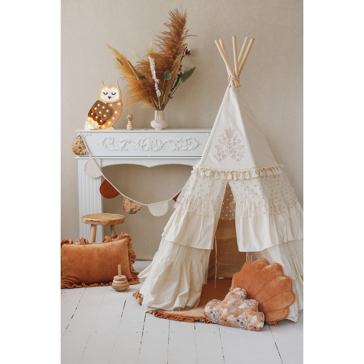 Fluwelen Rond Vloerkleed met Franjes - Caramel