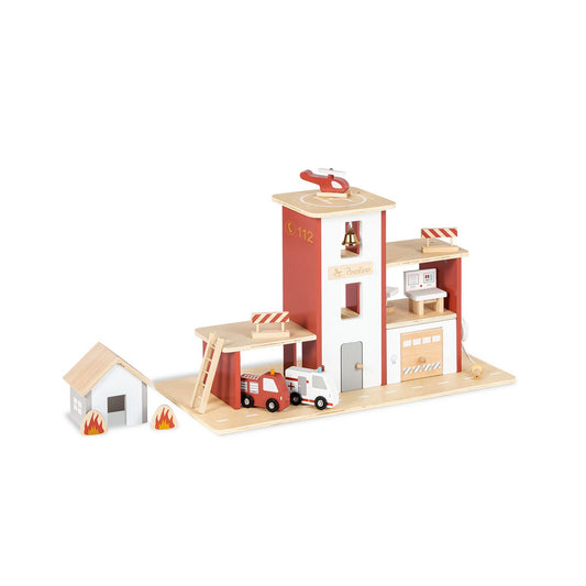 Houten Brandweerkazerne Ben Inclusief Accessoires - Naturel/Rood/Wit