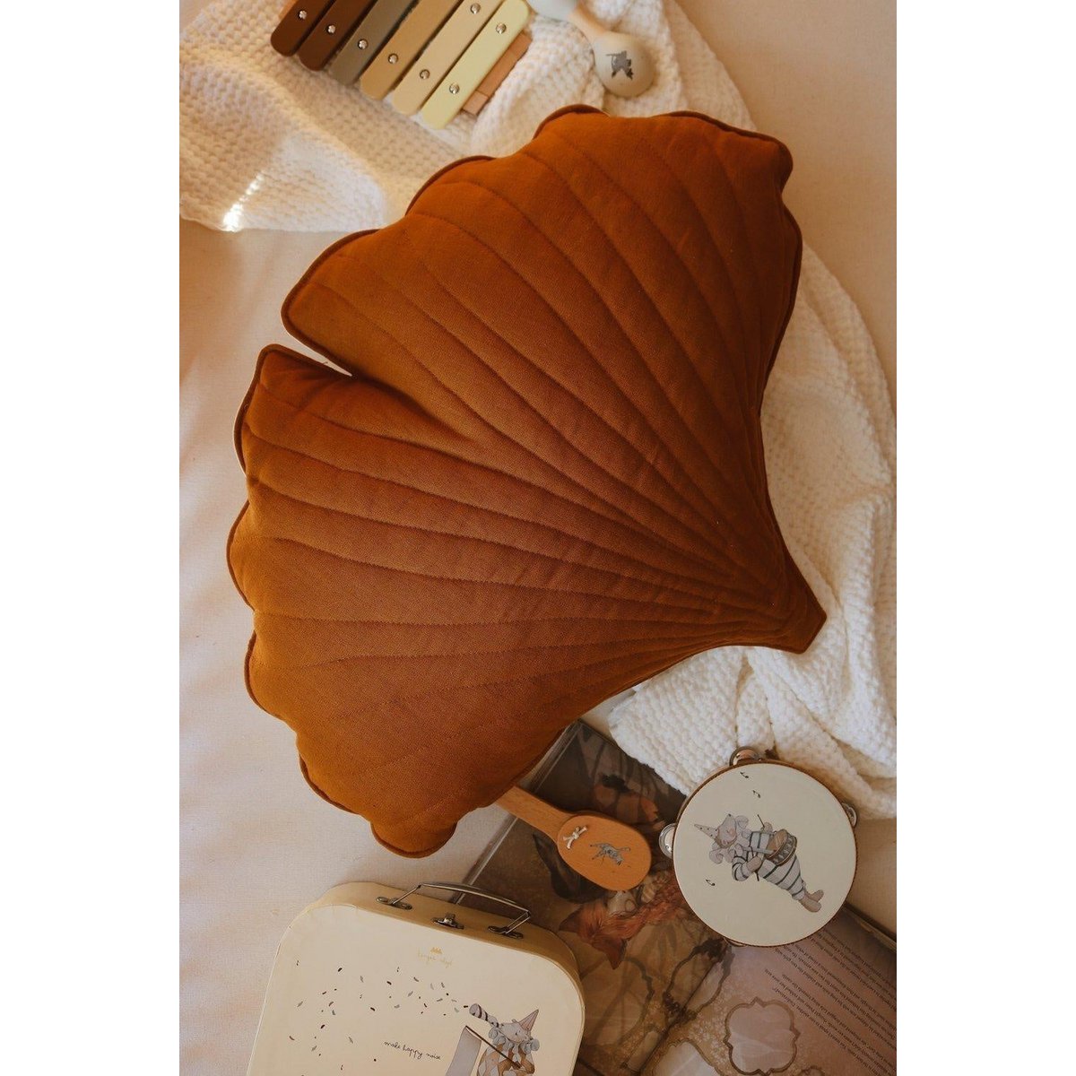 Linnen Ginkgo Bladkussen - Caramel