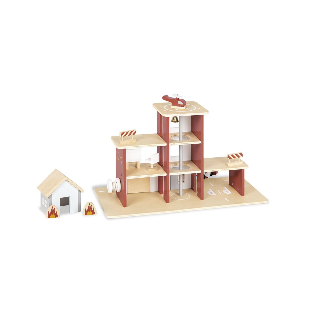 Houten Brandweerkazerne Ben Inclusief Accessoires - Naturel/Rood/Wit