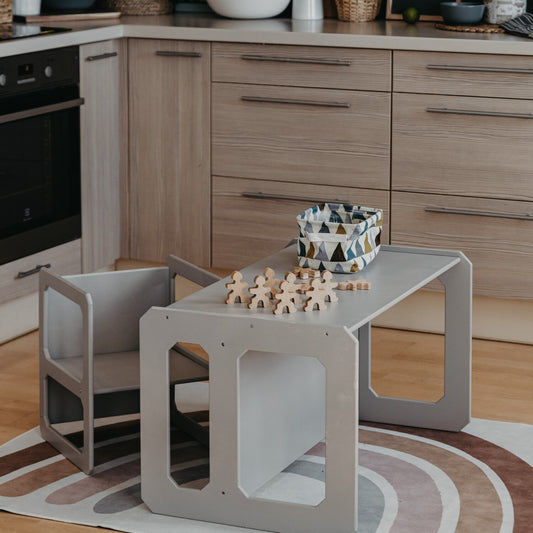 Montessori Kindertafel en Bank Set met 1 Stoel - Grijs