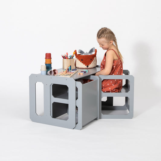 Montessori Kindertafel en Bank Set met 2 Stoelen - Grijs