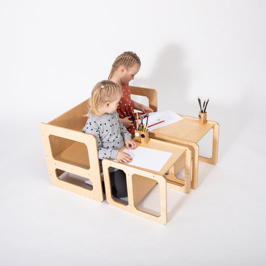 Montessori Kindertafel en Bank Set met 2 Stoelen - Natuurlijk Hout
