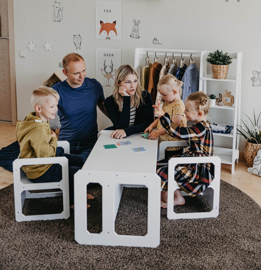 Montessori Kindertafel en Bank Set met 2 Stoelen - Wit