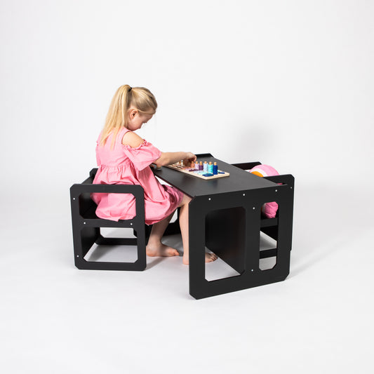 Montessori Kindertafel en Bank Set met 2 Stoelen - Zwart