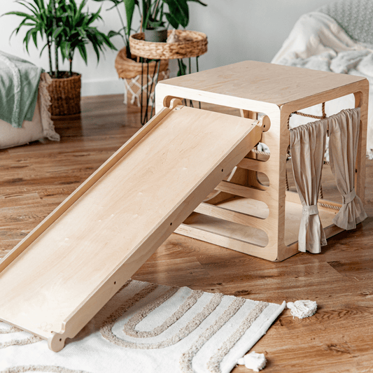Multifunctionele Montessori Klimkubus met Glijbaan en Touwraam
