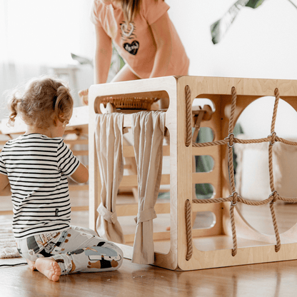 Multifunctionele Montessori Klimkubus met Glijbaan en Touwraam5