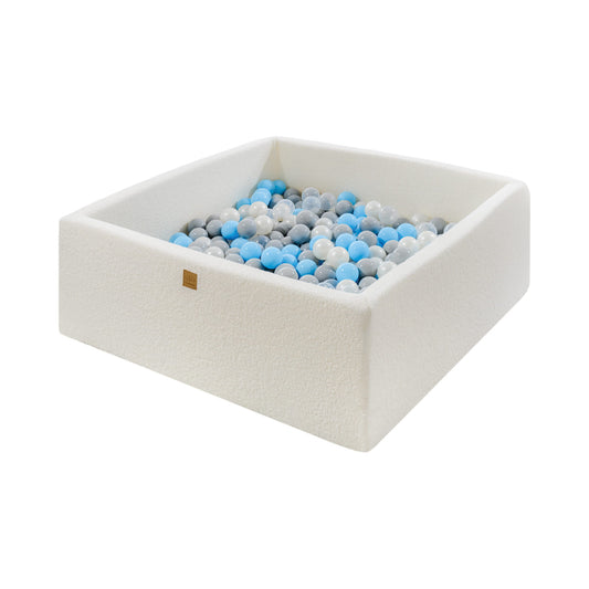 Vierkante ballenbak met 400 stuks Wit/Blauw/Grijs kleurige Ballen 110x110x40cm