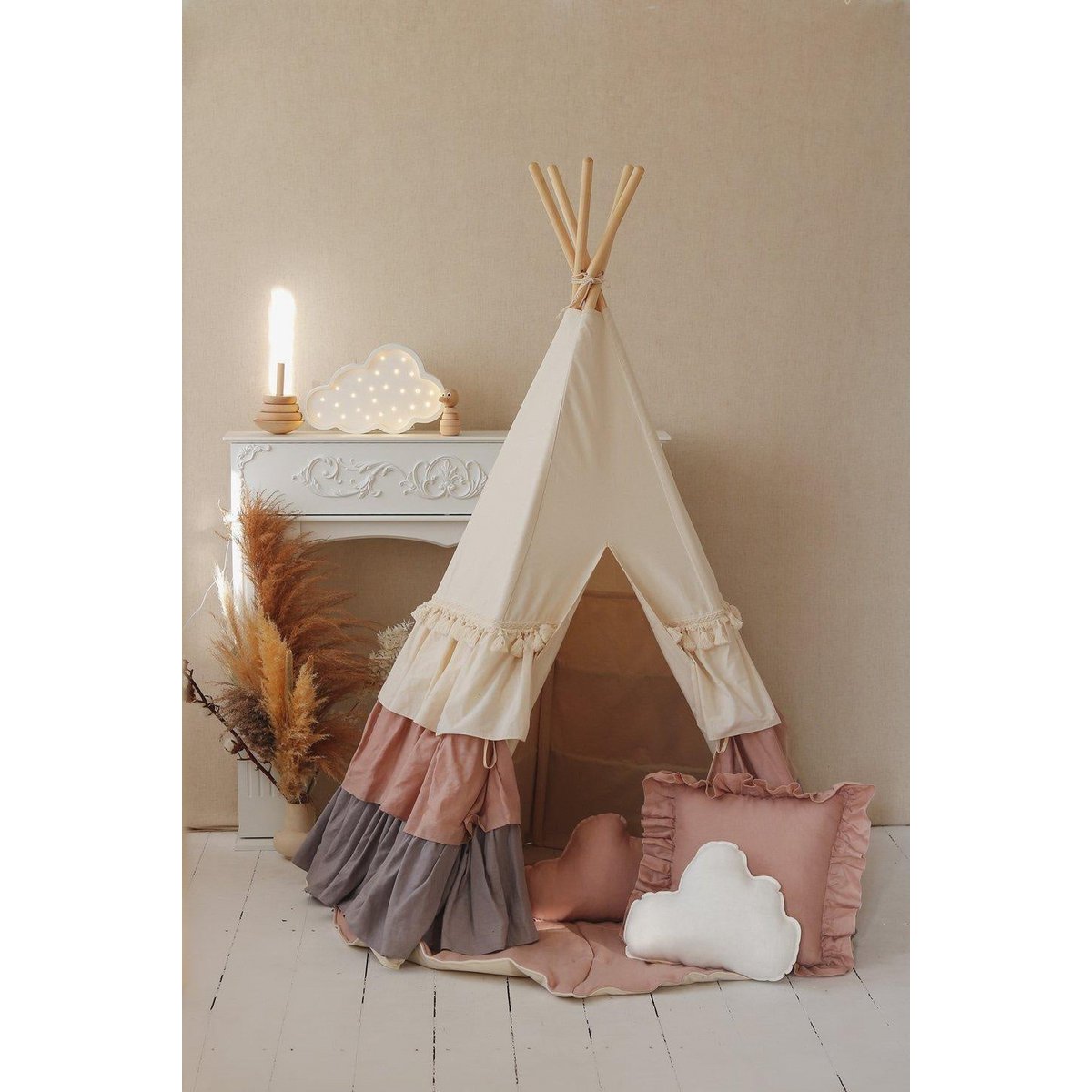 Tipi Speeltent inclusief Schelpmattenset - Powder Frills/Powder Pink met Ruches