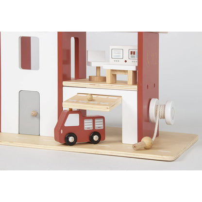 Houten Brandweerkazerne Ben Inclusief Accessoires - Naturel/Rood/Wit