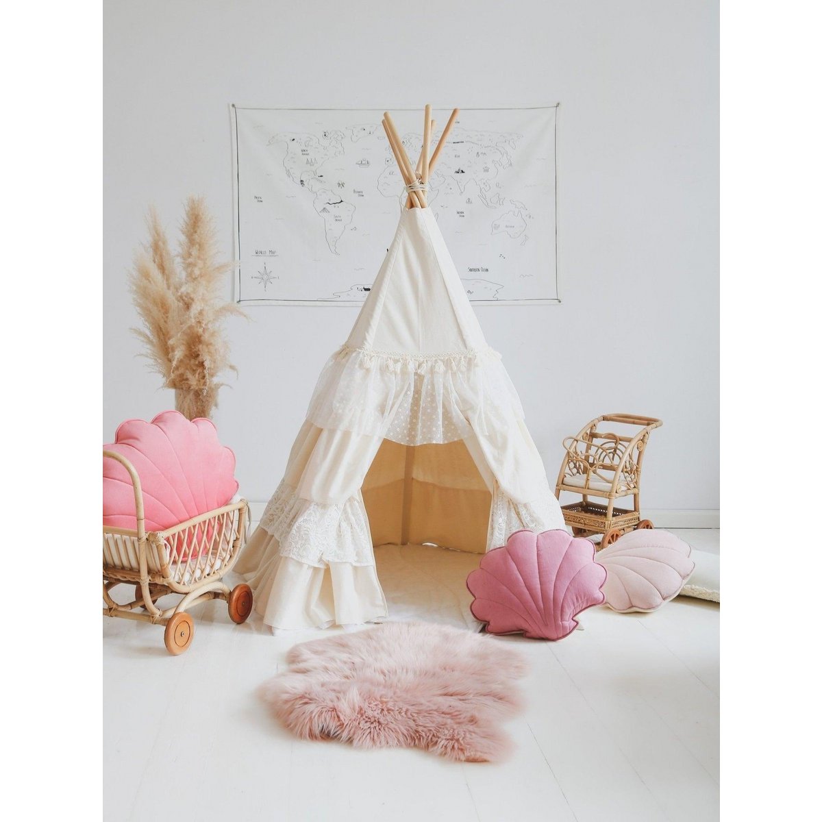 Tipi Speeltent inclusief Bladmat - Shabby Chic White met Ruches